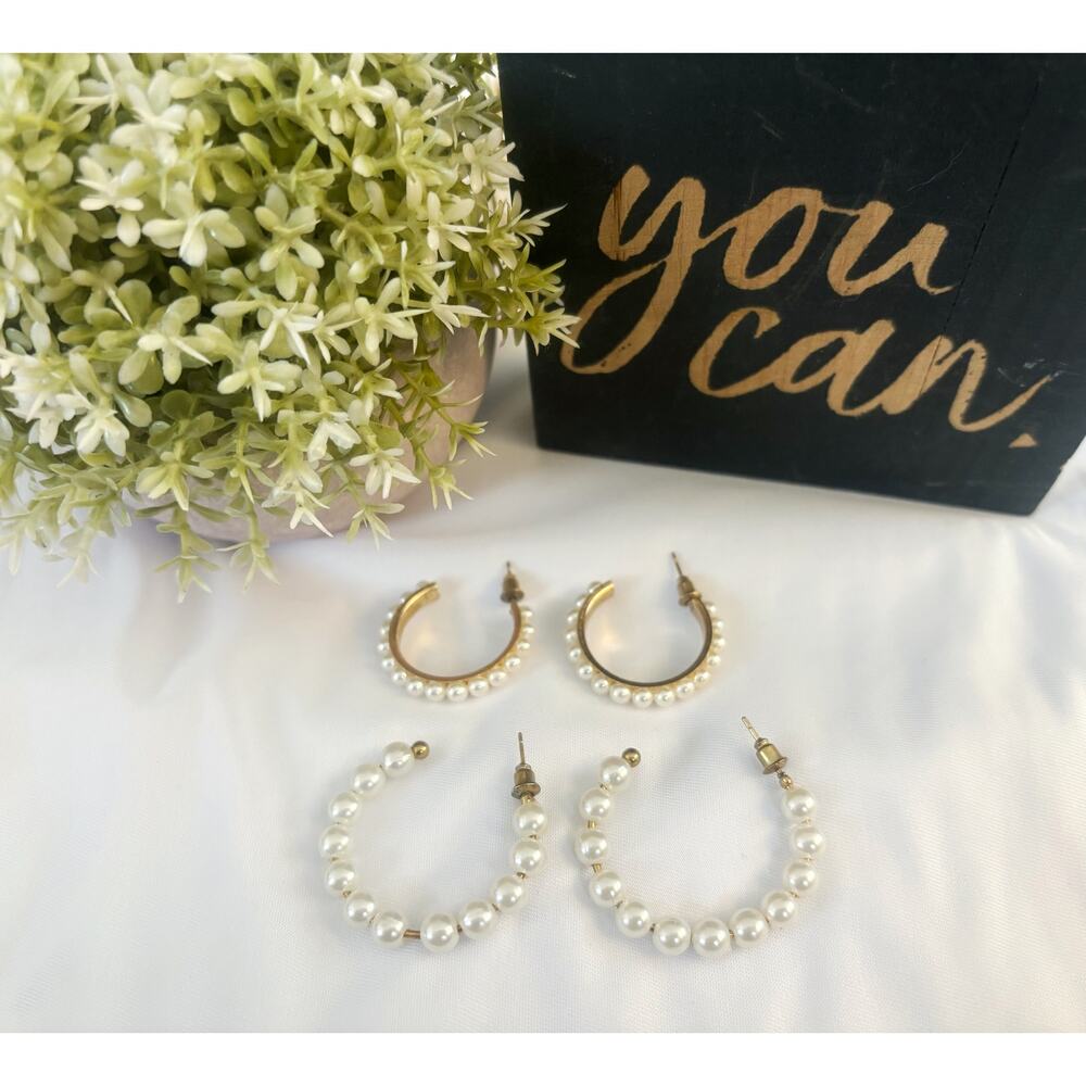 Faux Pearl Hoop Earrings Set Gold Tone Beaded Hoops Classic Minimalist Jewelry